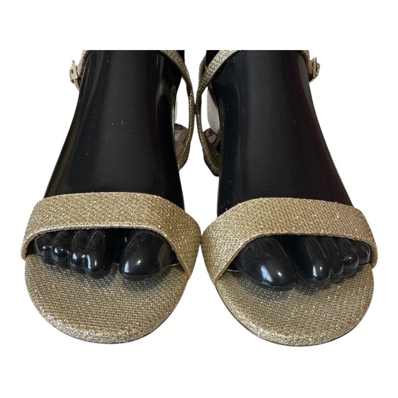 BADGLEY MISCHKA Gold Metallic Strappy Sandals Crystal Heel Womens Size 7 NWT - Picture 8 of 12